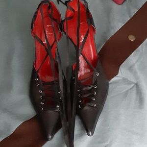 Black leather lace up heels